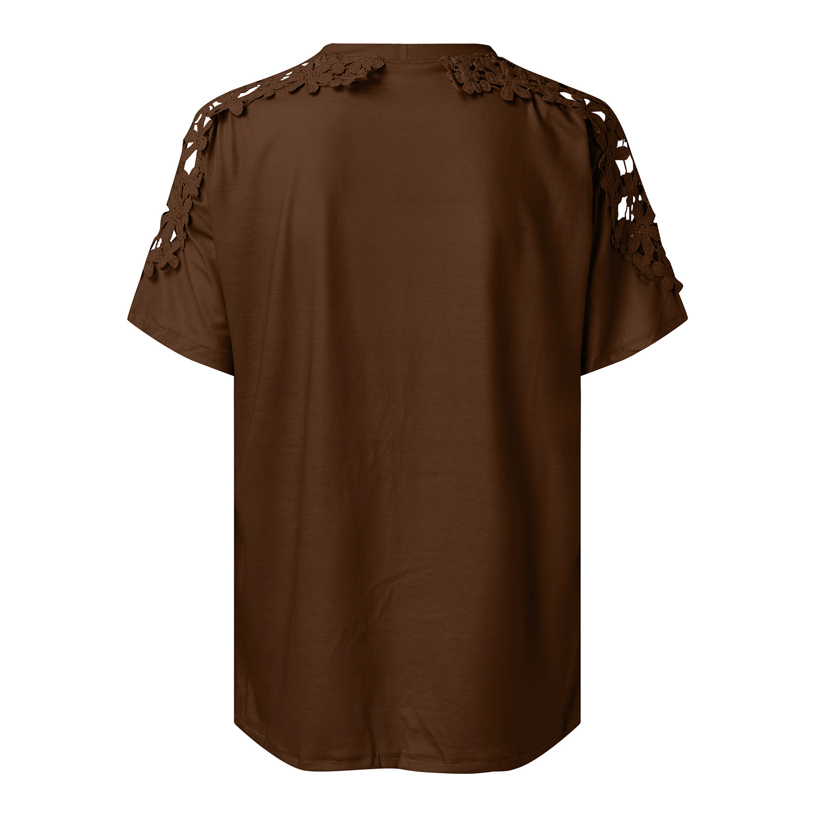 thumbnail image 5 of Top de manga corta de encaje y croché para mujer - Blusa informal de cuello redondo, poliéster, diseño con hombros al aire, corte holgado, ropa de primavera/verano, tallas S-XXL, contorno de pecho, 5 of 5